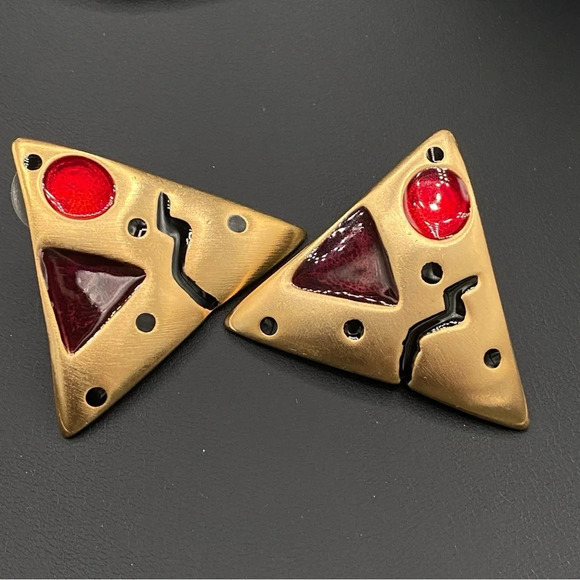 Retro 80s Glam Statement Earrings - Abstract Gold Plated Vintage Earrings - Picture 1 of 9